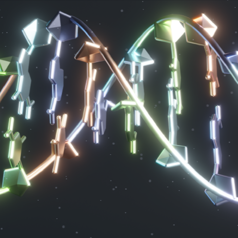A colorful abstract digital artwork of 3D geometric shapes arranged to resemble a DNA double helix structure, with a dark background and subtle light effects.