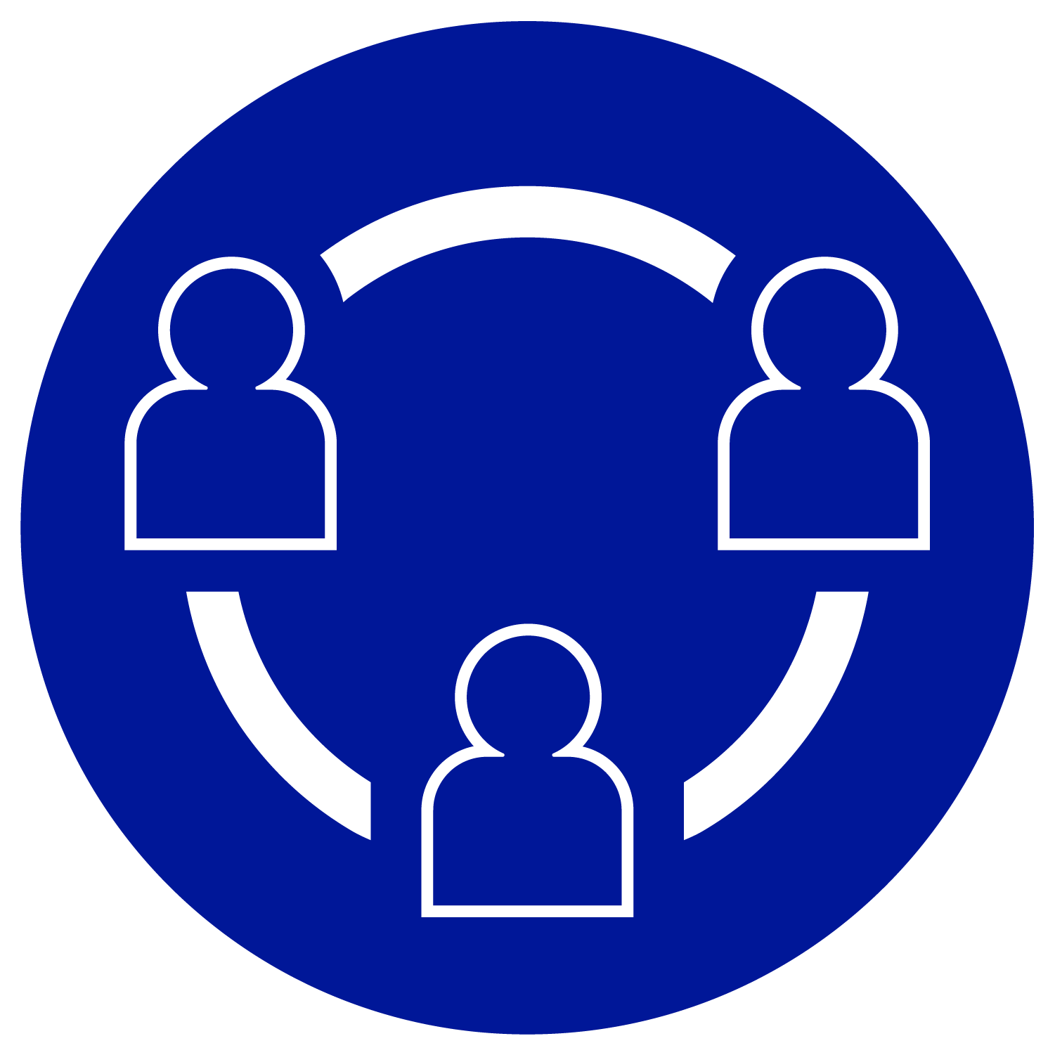 circular blue icon with the outlines of three figures (shoulders up) connected by curved, white lines
