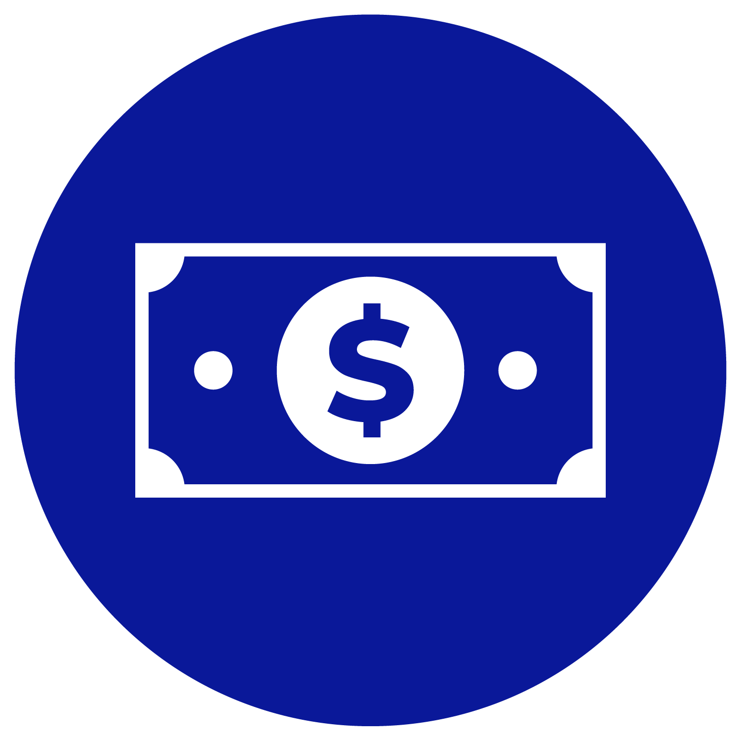 circular blue icon with a white, rectangular bill shape, featuring an inner white circle with a blue dollar sign