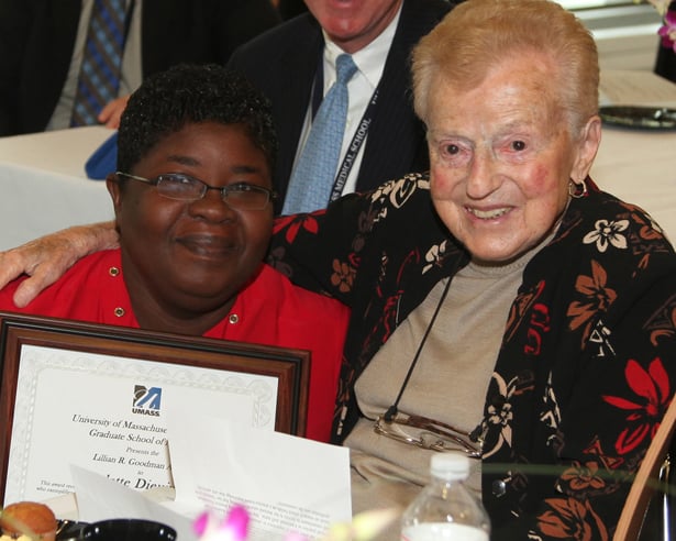 Dean emerita Lillian Goodman congratulates Colette Dieujuste, winner of the Lillian R. Goodman Award.