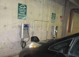 Four new power stations, including two level 2 chargers (pictured), are located on the first floor of the First Road employee garage. 