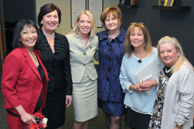 L to r:  Charlotte Yeh of AARP, Dianne Anderson of Lawrence General Hospital, Sharon McNally of Dovetail Health, Joyce Murphy of UMass Medical School’s Commonwealth Medicine division, Robin Young of WBUR 90.9 FM, and Consuelo Donohue of Tufts Medical Center.