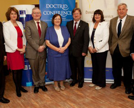 (L to R) Michael J. Leahy, director, Office of Rehabilitation and Disability Studies College of Education, Michigan State University; Joan Burton, minister for social protection, Ireland; Oliver Murphy, president, Institute of Technology Tralee, Ireland; Sr. Goretti Butler of the Daughters of Charity of St. Vincent de Paul, Ireland; Prof. Brian Norton, president, Dublin Institute of Technology, Ireland, Máire Geoghegan-Quinn, Ireland commissioner, European Commission, European Union; William McIlvane; Brian Harvey, professor of molecular medicine, Royal College of Surgeons, Ireland. Photo courtesy of ASSISTID.