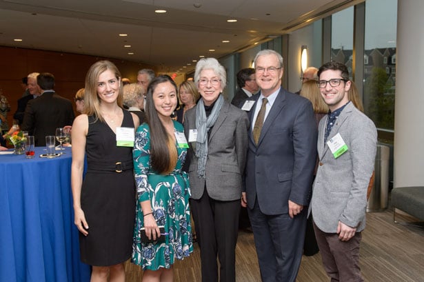 (At center) Christine K. Cassel, MD, SOM ’76, and Dean Terence Flotte,  with students (from left) Katherine Mallet, Camilla Yu and Philip Feinberg.