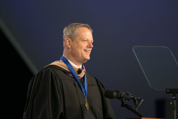 Gov. Charlie Baker tells grads to “Have patience; be part of a medical care team; embrace technology; understand the value of your voice.”