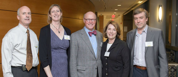 Worcester Foundation Grant Recipients of the Bassick Family Foundation Award include, from left, Kevin Donahue, MD, (2016 recipient); Mary Munson, PhD, (2014 recipient); Jack and Susan Bassick; and Evgeny Rogaev, PhD (2015 recipient).