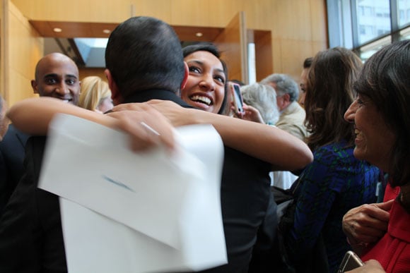 Shivani Kumar hugs a family member after finding out she matched at Mt. Sinai.