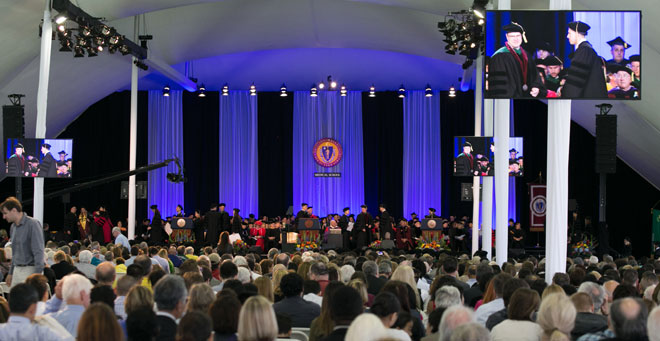 General seating for Commencement begins at 11 a.m., with the processional beginning at 11:45 a.m. and Commencement exercises starting promptly at noon. 