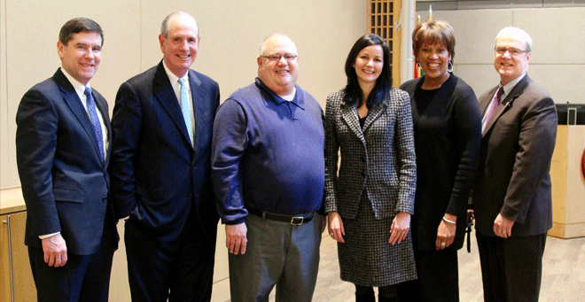 Anthony Covello and Milagros Rosal (third and fourth from left) were presented with the 2016 Chancellor’s Awards for Excellence in Advancing Civility and Diversity (respectively). They are pictured at the 28th Annual Tribute to Rev. Dr. Martin Luther King Jr. with (from left) UMass Memorial Medical Center President Patrick Muldoon, Chancellor Collins, keynote speaker Liz Walker and Dean Flotte.