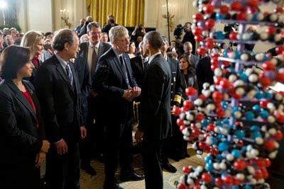 President Barack Obama speaks with Dr. Francis Collins, Director of the National Institutes of Health, following remarks highlighting investments to improve health and treat disease through precision medicine, in the East Room of the White House, Jan. 30, 2015. (Official White House photo by Pete Souza)