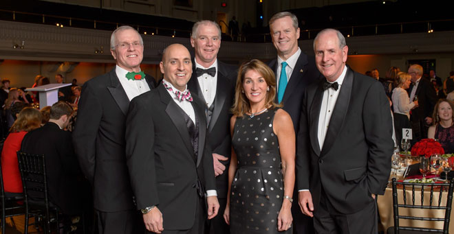 (From left) Event committee co-chairs Eric Dunphy and Matt Salmon; UMass Memorial Health Care President and CEO Eric W. Dickson; Lt. Gov. Karyn Polito; Gov. Charlie Baker; and UMMS Chancellor Michael F. Collins