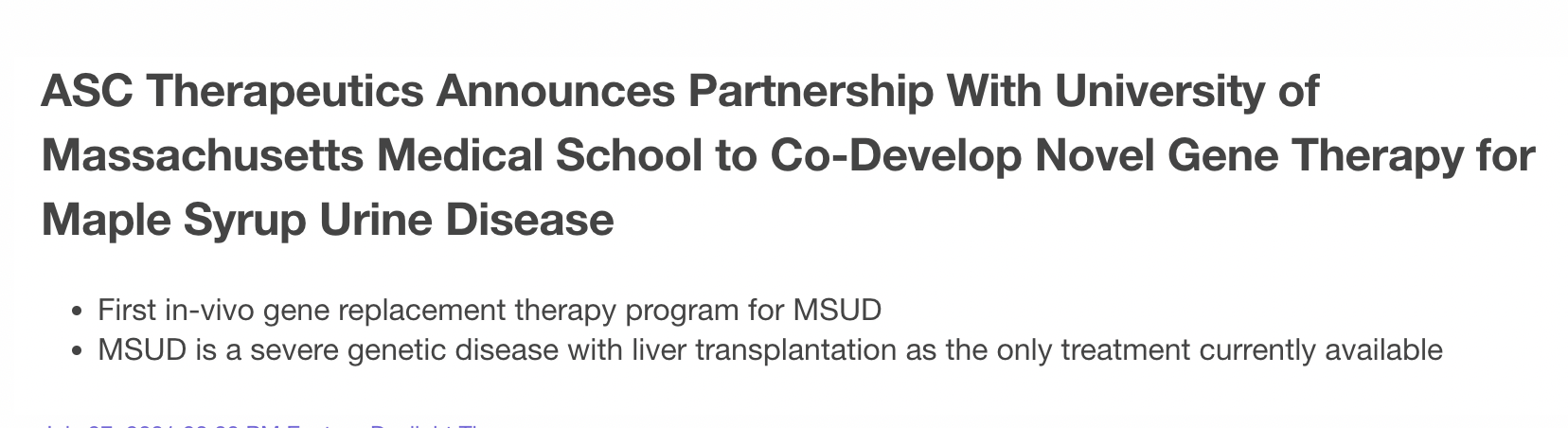 ASC Therapeutics Announces Partnership With UMass Chan Medical School to Co-Develop Novel Gene Therapy for Maple Syrup Urine Disease