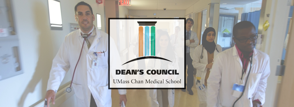 Medical students in white coats walking down a hallway along with Dean's Council logo.