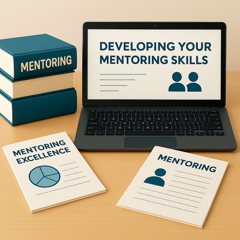a bright, photo-style image of a laptop, pile of books, and other written materials all addressing mentoring and mentorship