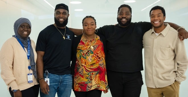 The new African Student Association at UMass Chan Medical School includes, from left, registered student organization liaison Mai Ceesay, treasurer Daniel Uzochukwu, co-president Elizabeth Osa-Agbontaen, co-president Nnaeme Ukabiala, and public relations officer Elijah Abass 