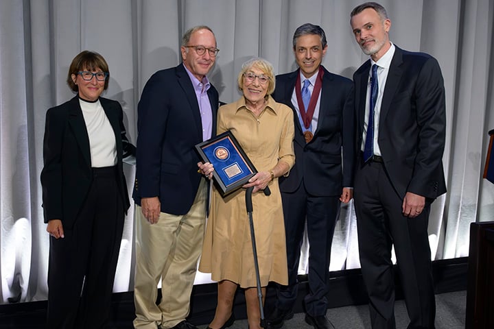 Amy Cerel, Richard Brudnick, Betty Brudnick, Andrew Tapper and Chancellor David D. McManus at Convocation and Investiture on Sept. 17. 