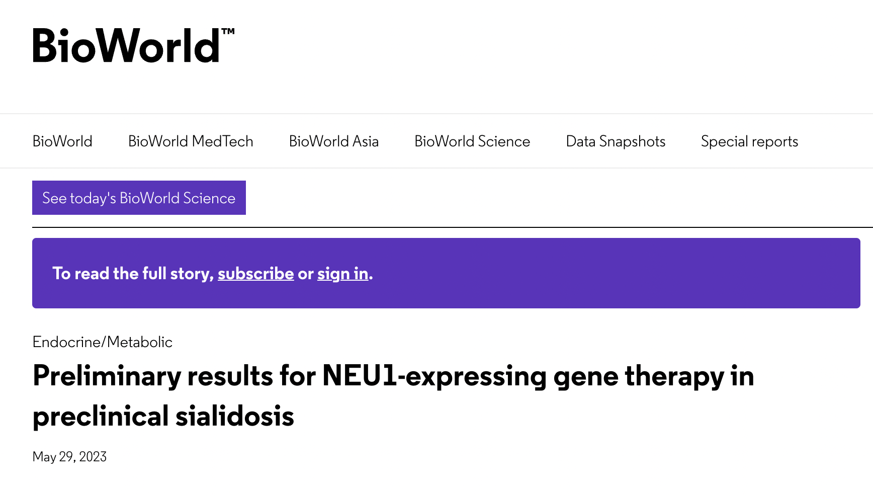 Preliminary results for NEU1-expressing gene therapy in preclinical sialidosis