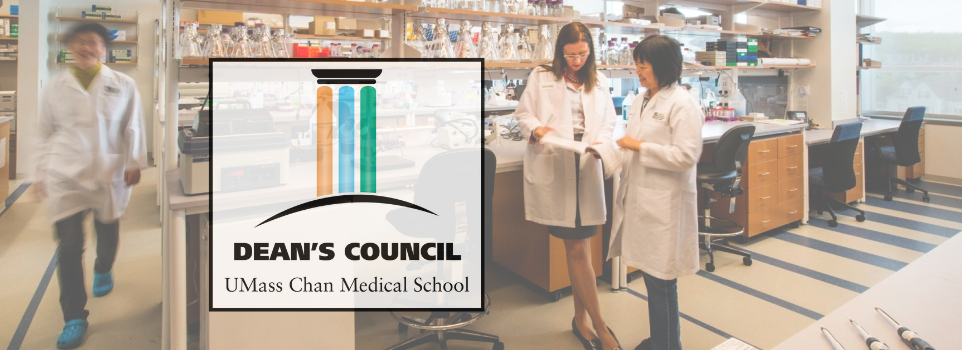 Several people working in a lab along with the Dean's Council logo.
