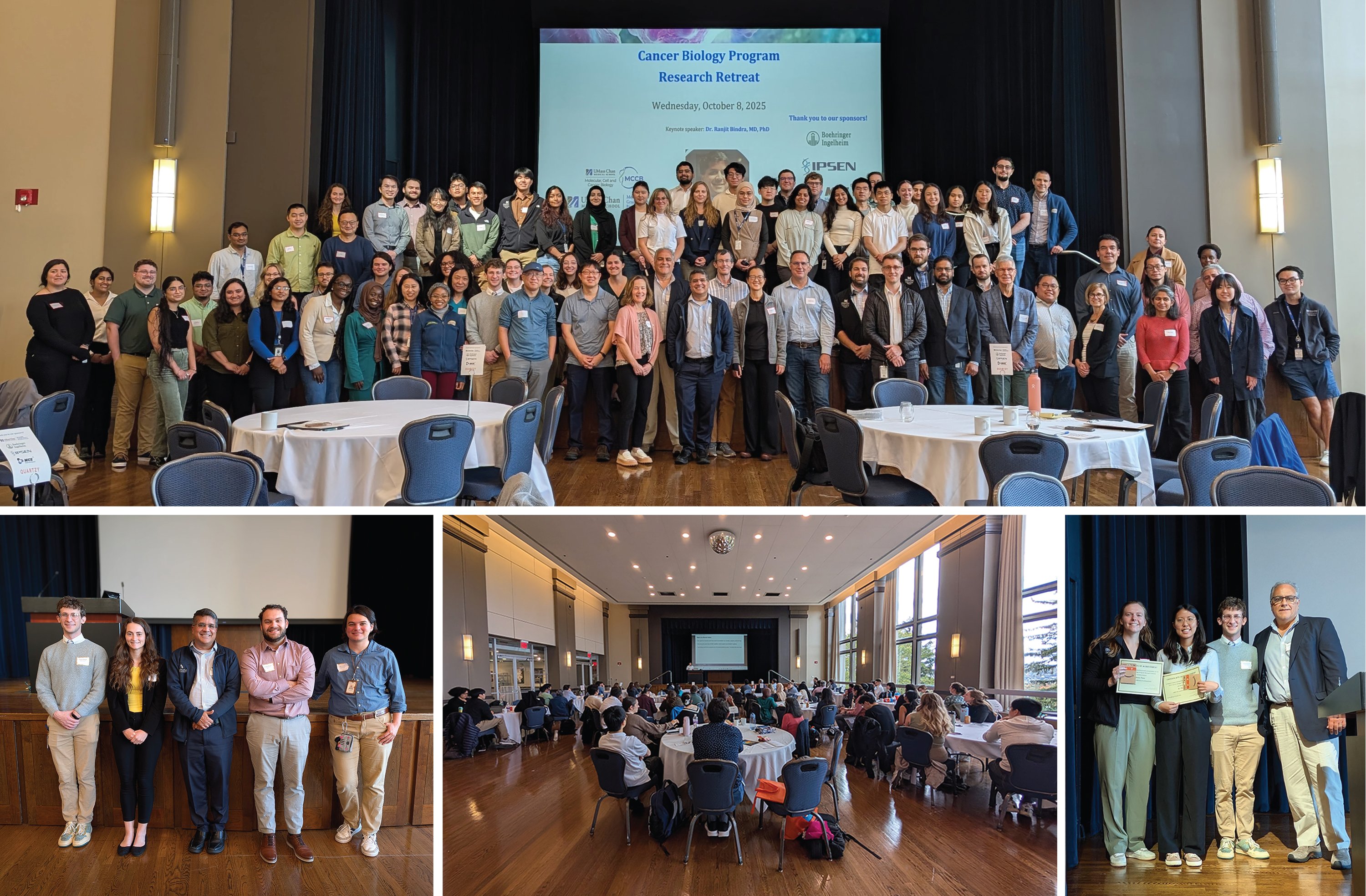 Composite of images from a research retreat showing a group photo, the student organizers with the keynote speaker, a wide view of the room, and the winners of the best poster award