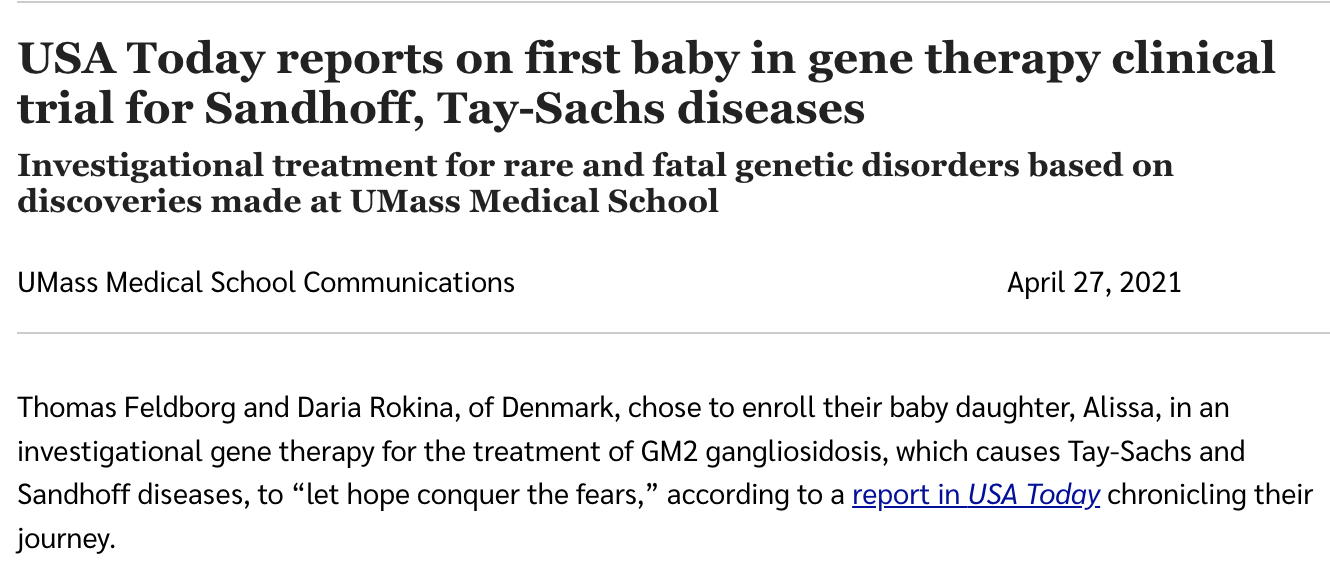 USA Today reports on first baby in gene therapy clinical trial for Sandhoff, Tay-Sachs diseases