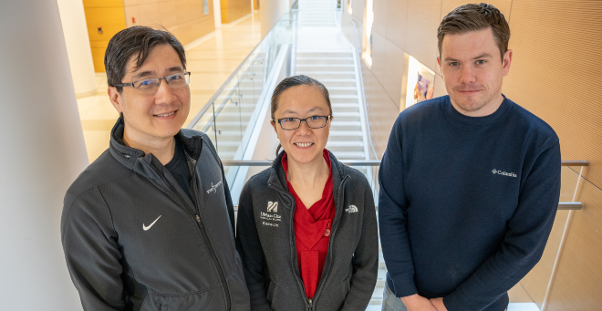 (From left,) Rigel Chan, PhD, assistant professor of neurology; Elaine Lim, PhD, assistant professor of genomics & computational biology; and Fiachra Humphries, PhD, assistant professor of medicine 