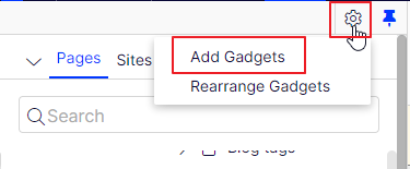 click gear icon at top of content tree, then click on Add Gadgets