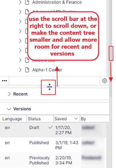 use the scroll bar on the content tree to bring the version gadget into view