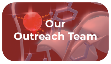  a red sphere between blue protein ribbons with the text our outreach team