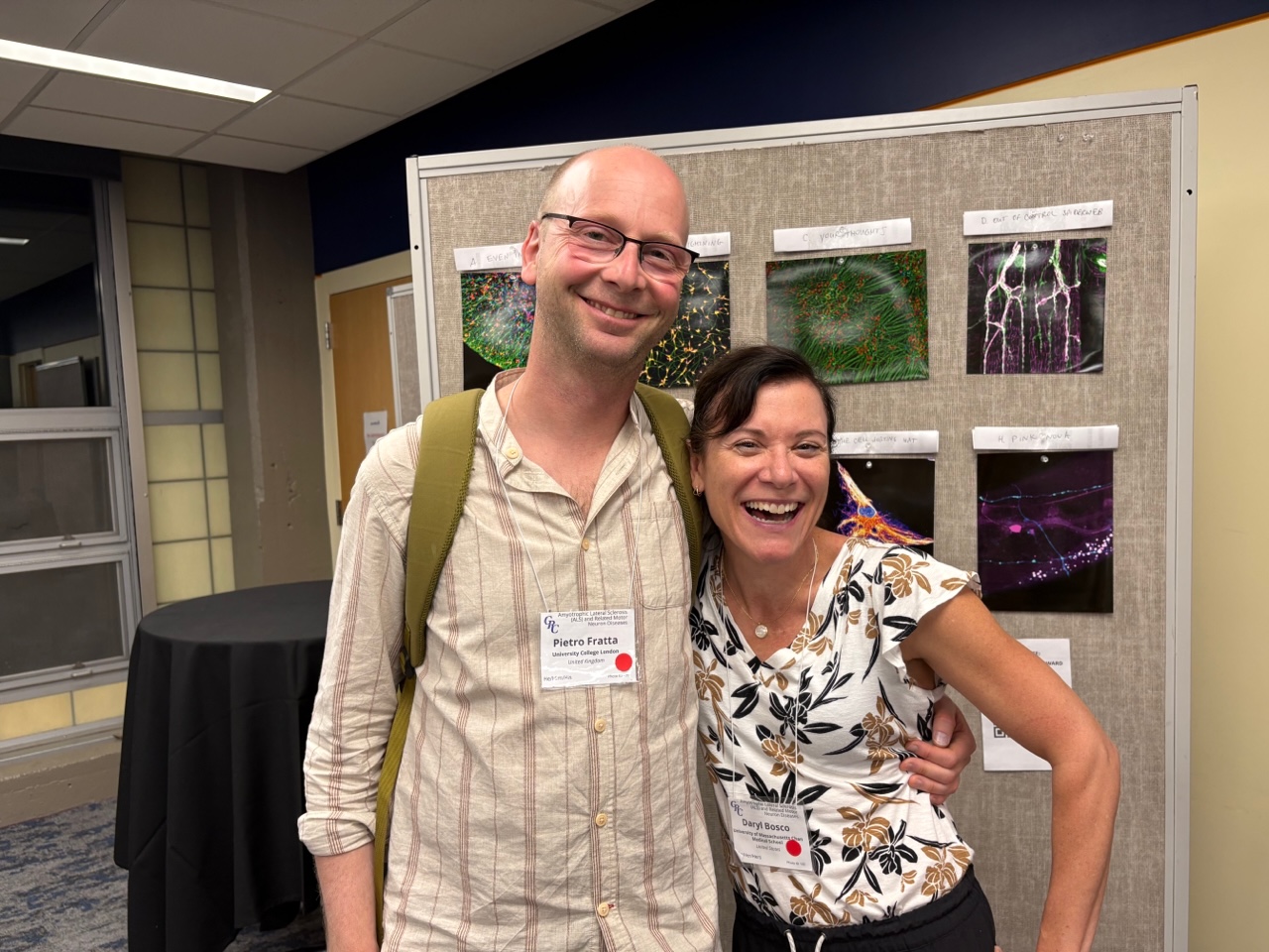 Pietro Fratta and Daryl A. Bosco are pictured during the conference focusing on Fundamental Mechanisms to Disease – Modifying Therapeutic Strategies in 2025.