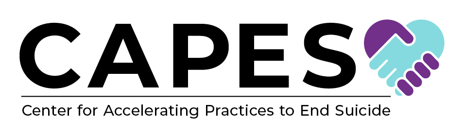 CAPES (Center for Accelerating Practices to End Suicide) logo: The name CAPES in black beside a purple and a teal hand shaking in the shape of a heart