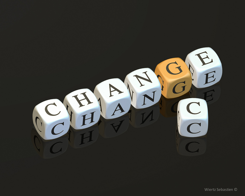 Dice spelling out the  word "change"
