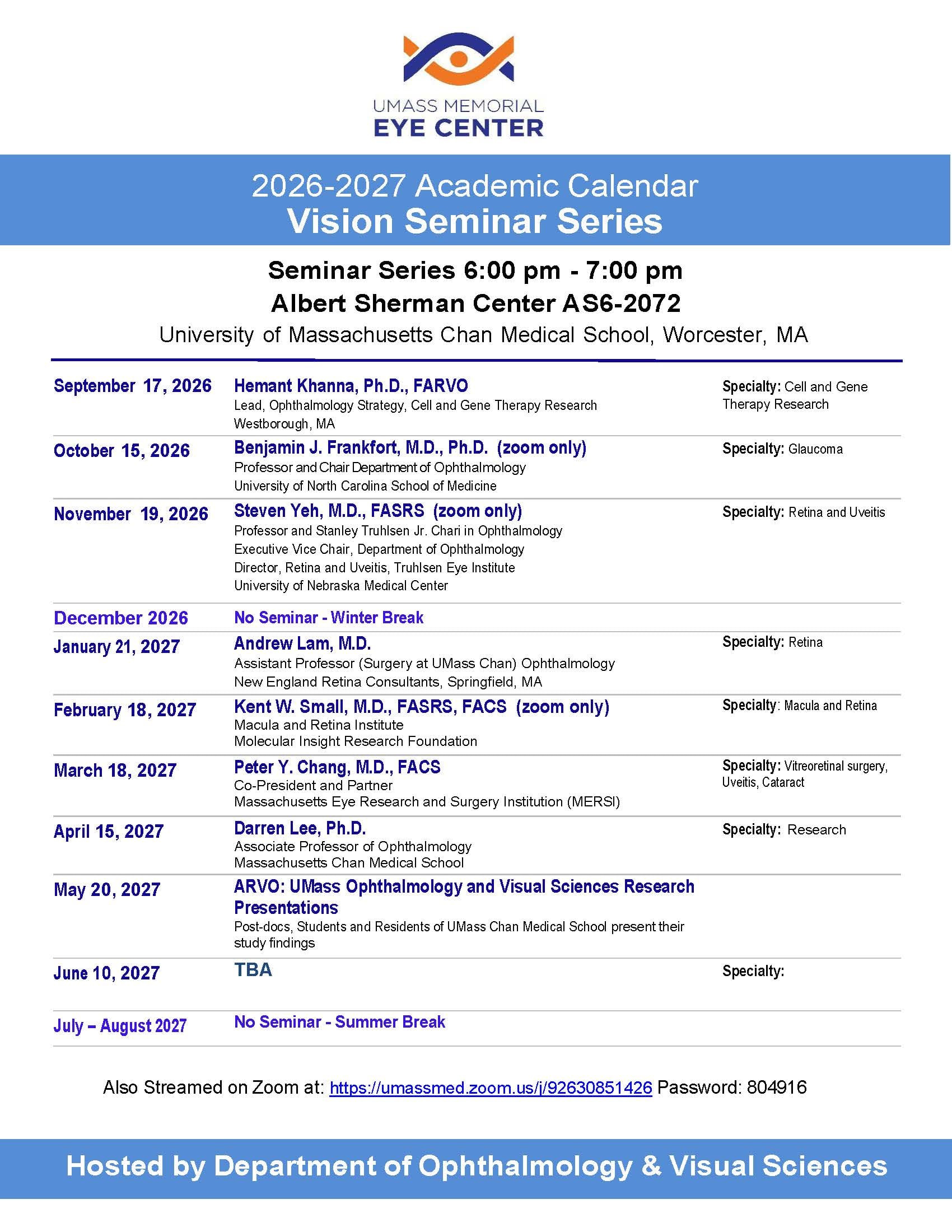 Vision Seminar Schedule 2026-2027