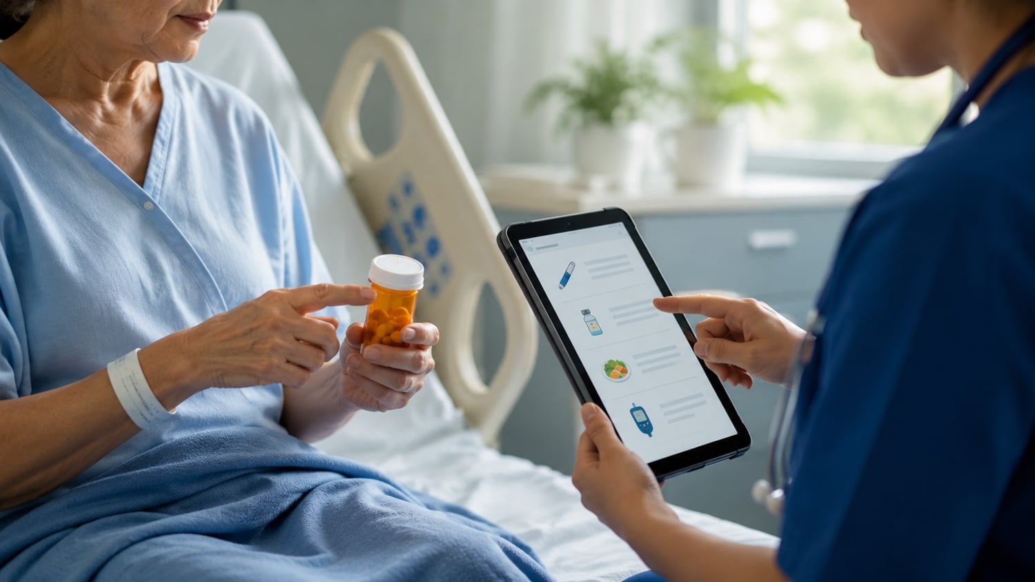 Provider holding tablet speaking to patient holding medicatiion bottle