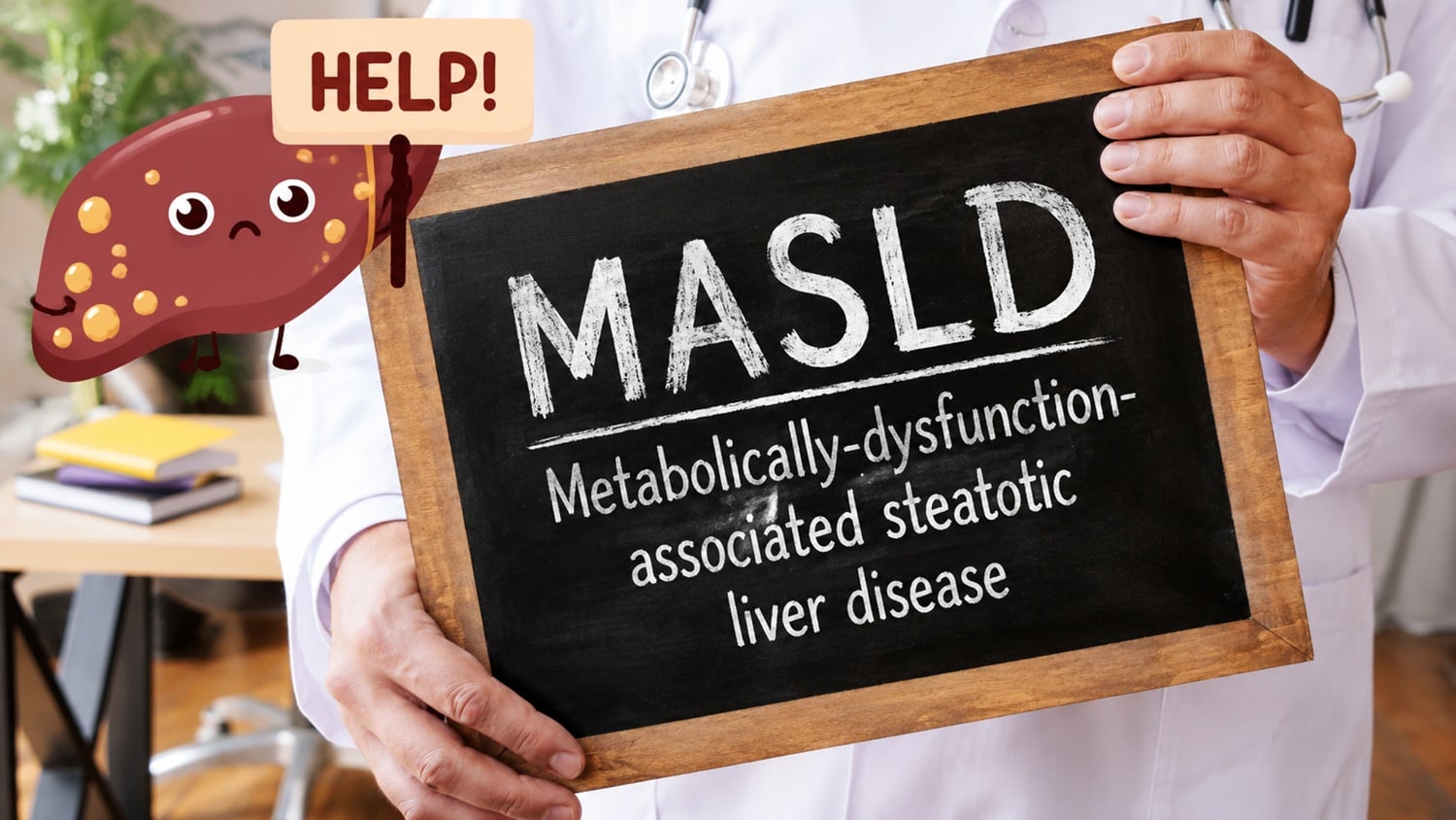 Doctor holding a sign saying Metabolically-dysfunction-associated steatotic liver disease (MASLD)