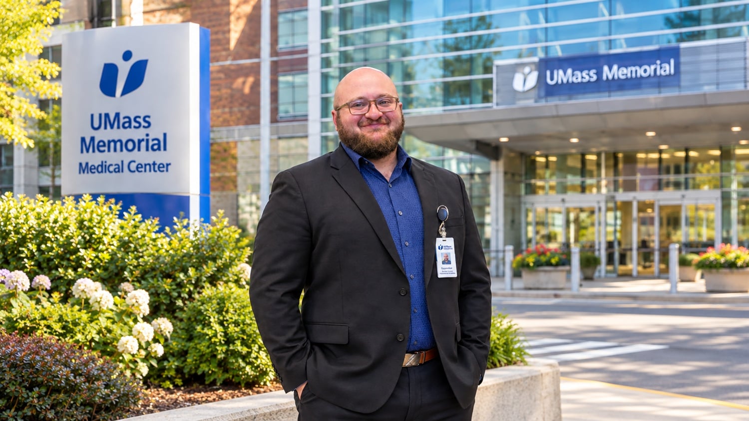 Nate standing outside of UMass Memorial hospital