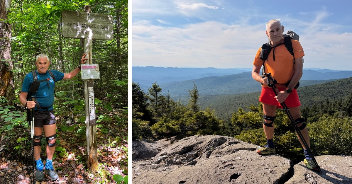 Photo of Michael hiking in woods next to a photo of him on top of a mountain with mountain range in background