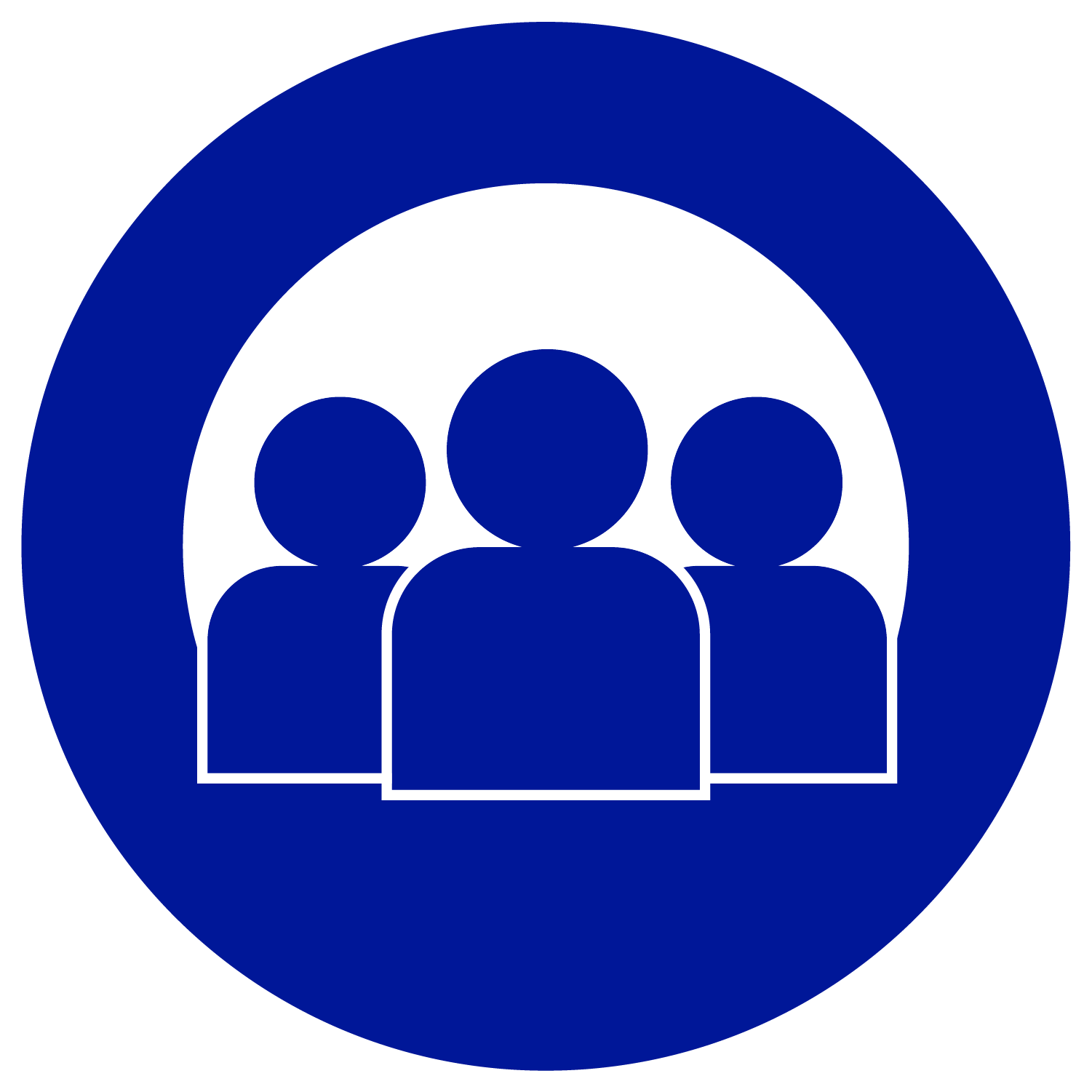 circular blue icon with three figures, representing a team of people