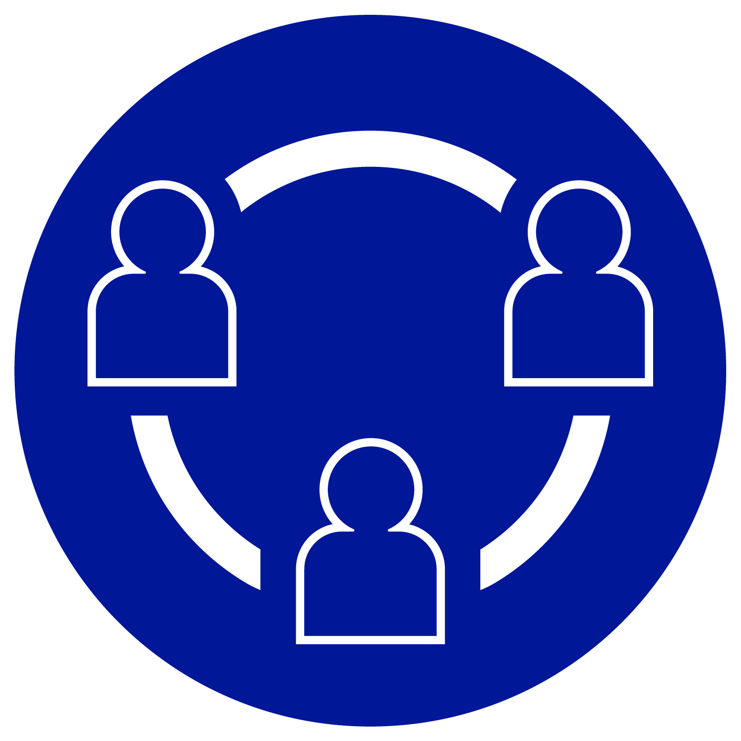 circular blue icon with the outlines of three figures (shoulders up) connected by curved, white lines
