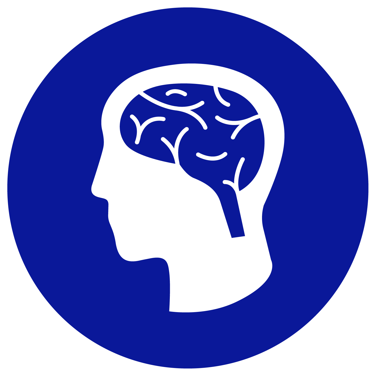 circular blue icon with a white, side-view silhouette of a head and neck with a blue brain shape inside