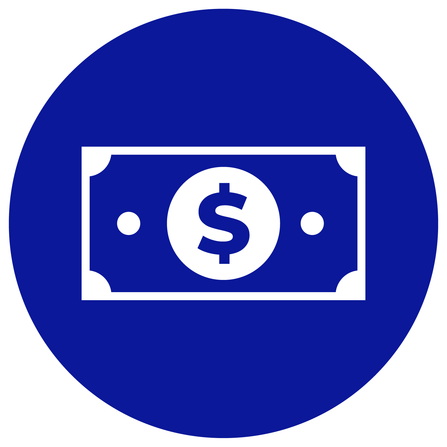 circular blue icon with a white, rectangular bill shape, featuring an inner white circle with a blue dollar sign