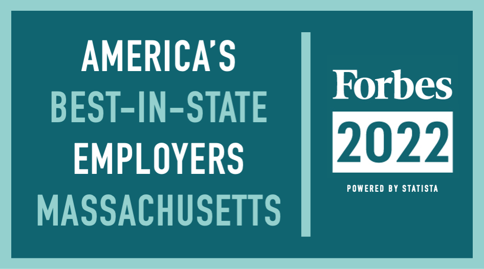 Rectangle with light teal outline and darker teal background, with white and light teal text saying "America's best-in-state employers Massachusetts - Forbes 2022 - powered by Statista"