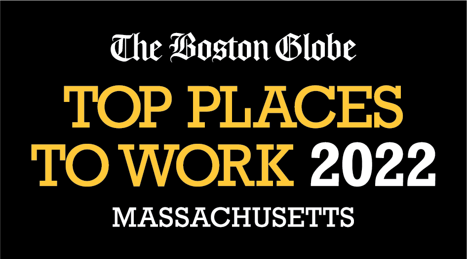 rectangular image with black background with white and gold text saying "The Boston Globe Top Places to Work 2022 Massachusetts"
