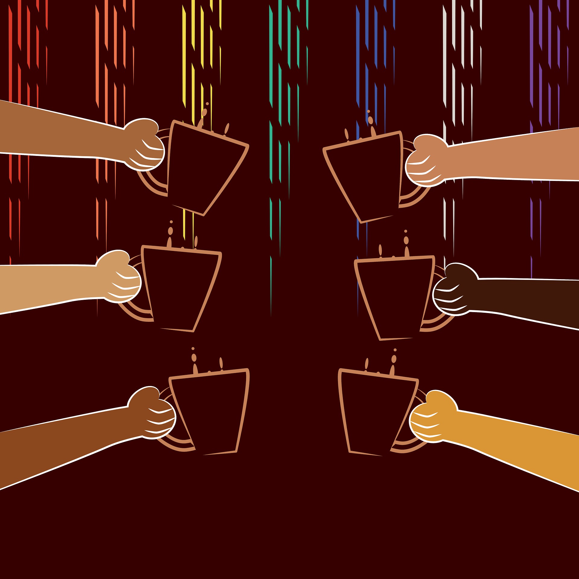 square image with a dark brown background showing cartoon arms with different skin tones holding coffee mugs toward the center of the image (three on the left, three on the right). The upper part of the image also has line designs in rainbow colors.