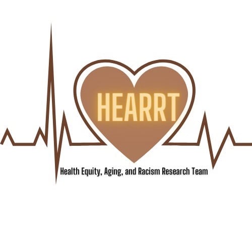 A brown electrocardiogram line with a large brown heart in the center with glowing yellow letters "HEARRT" on top. Text underneath says "Health Equity, Aging, and Racism Research Team 