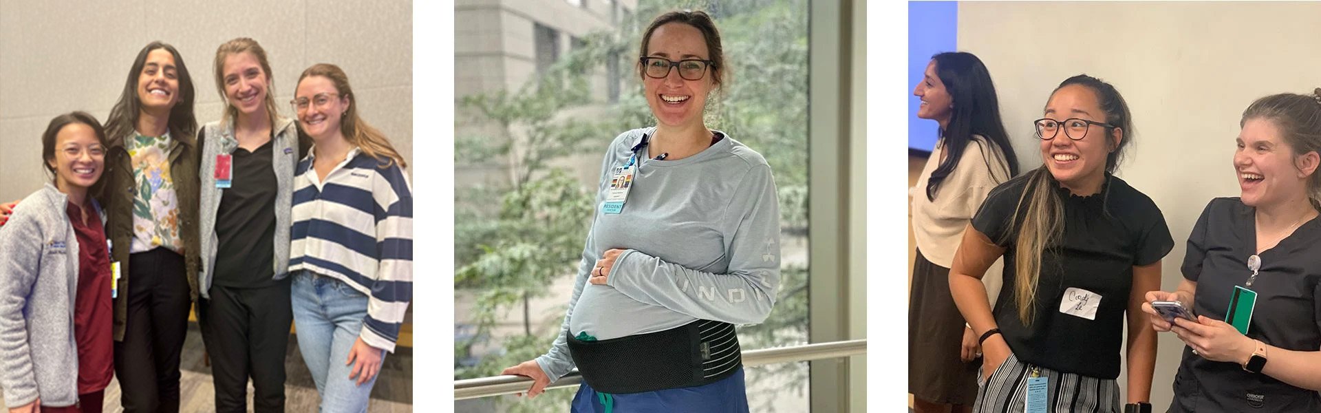 Three images, the first is of four female residents, the second is of one of the pregnant female residents, and the third is three female residents participating in a weekly meeting activity 