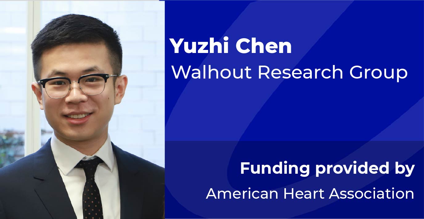 Professional headshot of a person in a suit and glasses, alongside text identifying the individual as Yuzhi Chen of the Walhout Research Group, with funding provided by the American Heart Association.