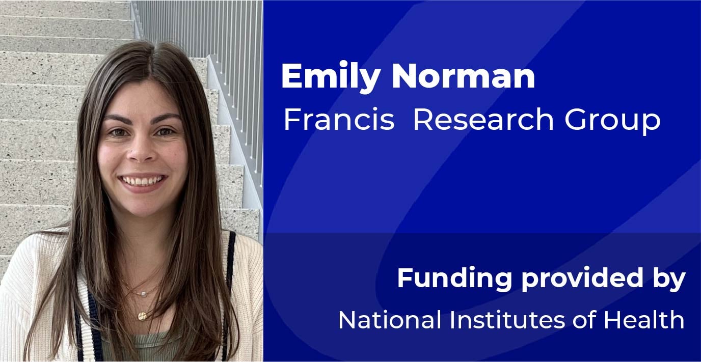 Person standing in front of a staircase, next to text identifying Emily Norman of the Francis Research Group, with funding provided by the National Institutes of Health.
