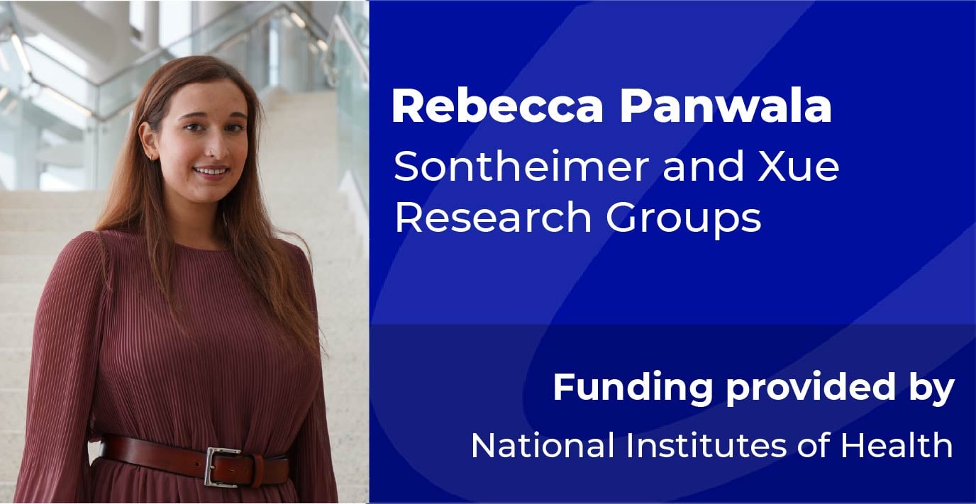 Person standing indoors near a staircase and glass railing, next to text identifying Rebecca Panwala of the Sontheimer and Xue Research Group, with funding provided by the National Institutes of Health.
