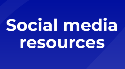 Blue graphic with white text that says "Social media resources"