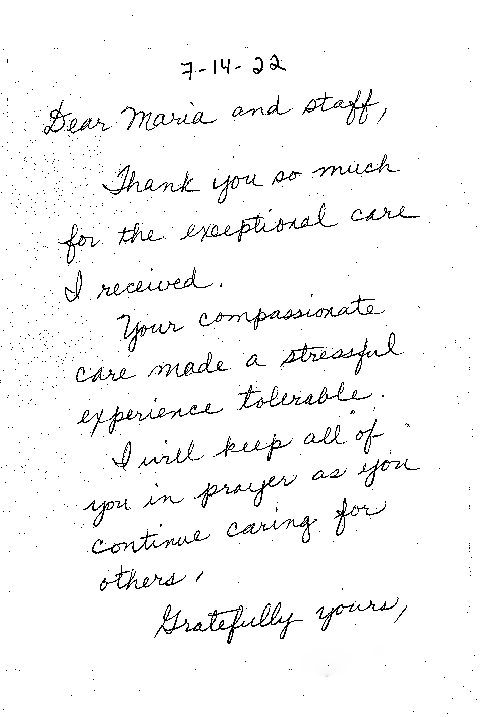 Note of thanks from patient